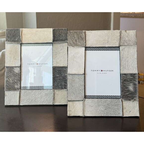 Set of 2 TOMMY HILFIGER Patchwork Cow Hide Frames for 5" X 7" Photos Western - Picture 1 of 6